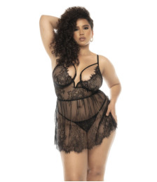 Nuisette noir Selma grande taille, en dentelle, avec armatures et string assorti inclus - MAL7550XBLK